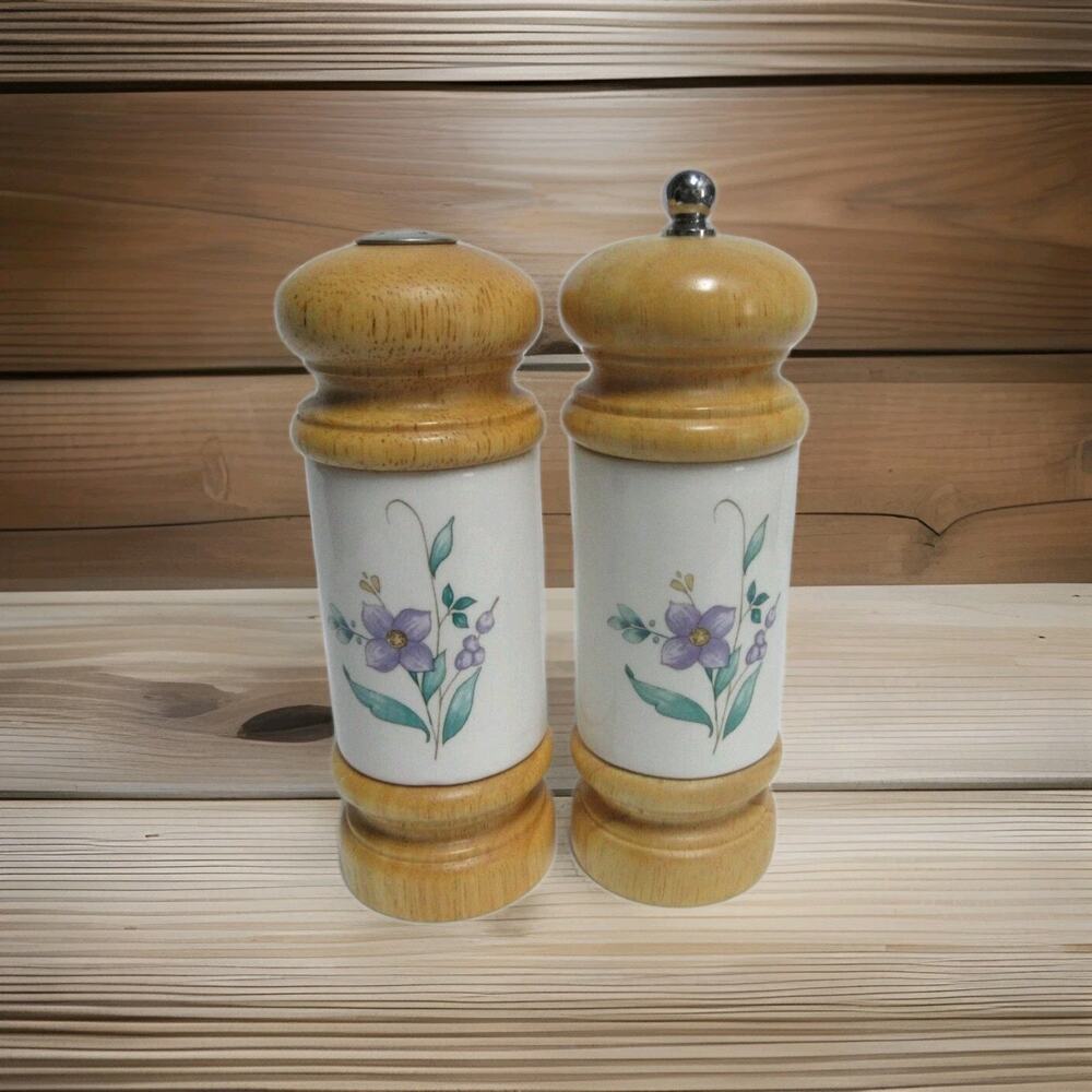 Vintage Mr. Dudley Blue VIOLET Wood & Ceramic Pepper Grinder and Salt Shaker